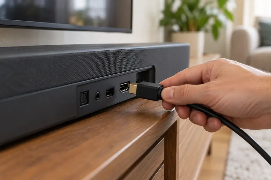 اتصال خارجی کابل HDMI به ساندبار برای بررسی مسیر صوتی تلویزیون